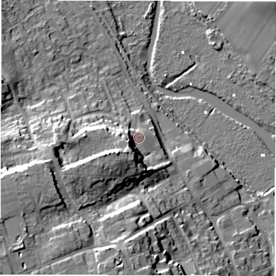 Shaded relief map of the ground around SO419BX, computed from Environment Agency LiDAR. The ground here sits at about 7 m above sea level and falls 25 m across the surrounding 800 m. Surface water reaching this point runs off ground lying to the south-south-west, 9.4 m higher.