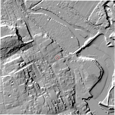 Shaded relief map of the ground around SO419BY, computed from Environment Agency LiDAR. The ground here sits at about 3 m above sea level and falls 25 m across the surrounding 800 m. Surface water reaching this point runs off ground lying to the south-west, 21.1 m higher.