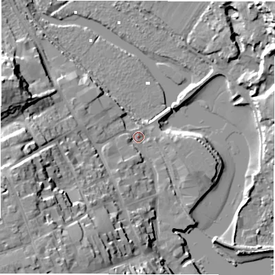 Shaded relief map of the ground around SO419BZ, computed from Environment Agency LiDAR. The ground here sits at about 2 m above sea level and falls 25 m across the surrounding 800 m. Surface water reaching this point runs off ground lying to the south-west, 22.4 m higher.