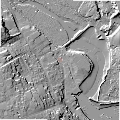 Shaded relief map of the ground around SO419DB, computed from Environment Agency LiDAR. The ground here sits at about 1 m above sea level and falls 25 m across the surrounding 800 m. Surface water reaching this point runs off ground lying to the south-west, 22.3 m higher.