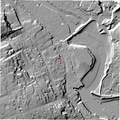 Shaded relief map of the ground around SO419DD, computed from Environment Agency LiDAR. The ground here sits at about 2 m above sea level and falls 25 m across the surrounding 800 m. Surface water reaching this point runs off ground lying to the south-west, 22.3 m higher.