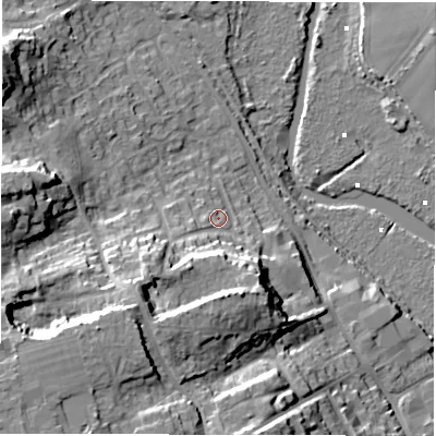 Shaded relief map of the ground around SO419EA, computed from Environment Agency LiDAR. The ground here sits at about 6 m above sea level and falls 25 m across the surrounding 800 m. Surface water reaching this point runs off ground lying to the south-west, 13.0 m higher.