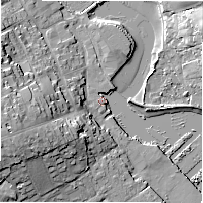 Shaded relief map of the ground around SO419FW, computed from Environment Agency LiDAR. The ground here sits at about 2 m above sea level and falls 25 m across the surrounding 800 m. Surface water reaching this point runs off ground lying to the west-south-west, 22.5 m higher.