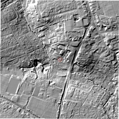 Shaded relief map of the ground around SO419GE, computed from Environment Agency LiDAR. The ground here sits at about 12 m above sea level and falls 17 m across the surrounding 800 m. Surface water reaching this point runs off ground lying to the north-north-east, 13.4 m higher.