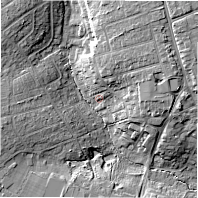 Shaded relief map of the ground around SO419HU, computed from Environment Agency LiDAR. The ground here sits at about 14 m above sea level and falls 16 m across the surrounding 800 m. Surface water reaching this point runs off ground lying to the north-north-east, 8.7 m higher.