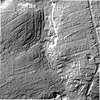 Shaded relief map of the ground around SO419JZ, computed from Environment Agency LiDAR. The ground here sits at about 16 m above sea level and falls 15 m across the surrounding 800 m. Surface water reaching this point runs off ground lying to the east-north-east, 9.9 m higher.