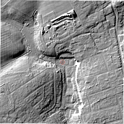 Shaded relief map of the ground around SO419LD, computed from Environment Agency LiDAR. The ground here sits at about 16 m above sea level and falls 16 m across the surrounding 800 m. Surface water reaching this point runs off ground lying to the north-north-east, 13.0 m higher.