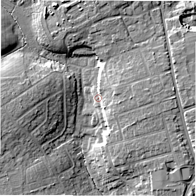 Shaded relief map of the ground around SO419LE, computed from Environment Agency LiDAR. The ground here sits at about 17 m above sea level and falls 14 m across the surrounding 800 m. Surface water reaching this point runs off ground lying to the east-north-east, 7.6 m higher.