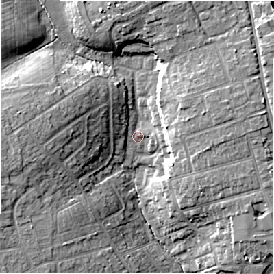 Shaded relief map of the ground around SO419LF, computed from Environment Agency LiDAR. The ground here sits at about 15 m above sea level and falls 14 m across the surrounding 800 m. Surface water reaching this point runs off ground lying to the west, 10.6 m higher.