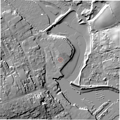 Shaded relief map of the ground around SO419PX, computed from Environment Agency LiDAR. The ground here sits at about 3 m above sea level and falls 25 m across the surrounding 800 m. Surface water reaching this point runs off ground lying to the north-north-east, 1.9 m higher.