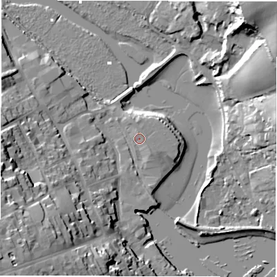 Shaded relief map of the ground around SO419PY, computed from Environment Agency LiDAR. The ground here sits at about 4 m above sea level and falls 25 m across the surrounding 800 m. The ground contributing surface water to this point lies to the north.