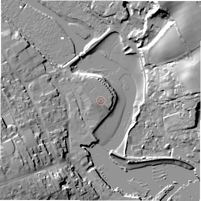Shaded relief map of the ground around SO419PZ, computed from Environment Agency LiDAR. The ground here sits at about 4 m above sea level and falls 25 m across the surrounding 800 m. The ground contributing surface water to this point lies to the north-west.