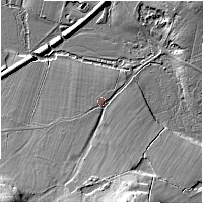 Shaded relief map of the ground around SO427QP, computed from Environment Agency LiDAR. The ground here sits at about 12 m above sea level and falls 26 m across the surrounding 800 m. Surface water reaching this point runs off ground lying to the south-west, 21.8 m higher.
