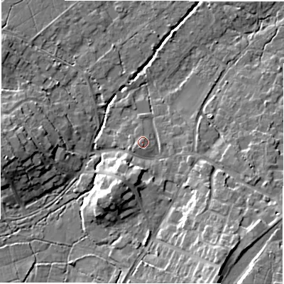 Shaded relief map of the ground around SO427RA, computed from Environment Agency LiDAR. The ground here sits at about 15 m above sea level and falls 14 m across the surrounding 800 m. Surface water reaching this point runs off ground lying to the west-south-west, 0.9 m higher.