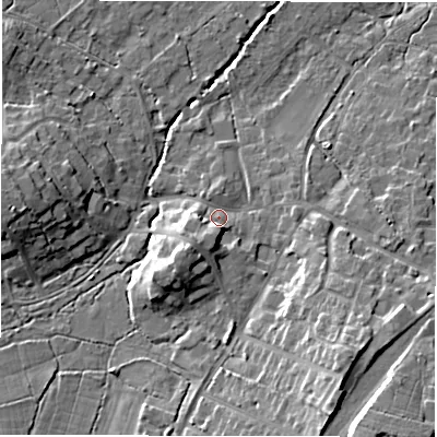 Shaded relief map of the ground around SO427RB, computed from Environment Agency LiDAR. The ground here sits at about 16 m above sea level and falls 15 m across the surrounding 800 m. Surface water reaching this point runs off ground lying to the south-west, 4.3 m higher.