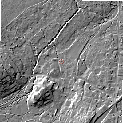 Shaded relief map of the ground around SO427RD, computed from Environment Agency LiDAR. The ground here sits at about 14 m above sea level and falls 12 m across the surrounding 800 m. Surface water reaching this point runs off ground lying to the south-south-east, 9.1 m higher.