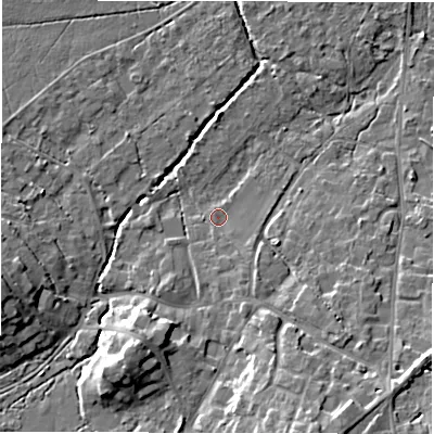 Shaded relief map of the ground around SO427RE, computed from Environment Agency LiDAR. The ground here sits at about 14 m above sea level and falls 11 m across the surrounding 800 m. Surface water reaching this point runs off ground lying to the south-south-east, 2.0 m higher.