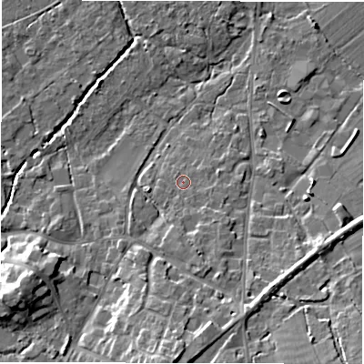 Shaded relief map of the ground around SO427RF, computed from Environment Agency LiDAR. The ground here sits at about 15 m above sea level and falls 12 m across the surrounding 800 m. Surface water reaching this point runs off ground lying to the south, 2.1 m higher.