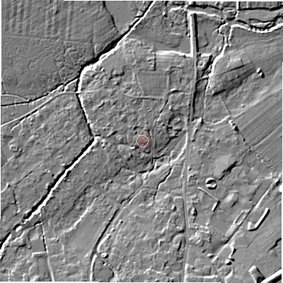 Shaded relief map of the ground around SO427RG, computed from Environment Agency LiDAR. The ground here sits at about 13 m above sea level and falls 9 m across the surrounding 800 m. Surface water reaching this point runs off ground lying to the west-north-west, 0.7 m higher.