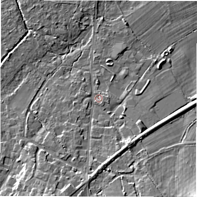 Shaded relief map of the ground around SO427RH, computed from Environment Agency LiDAR. The ground here sits at about 14 m above sea level and falls 14 m across the surrounding 800 m. Surface water reaching this point runs off ground lying to the south, 6.4 m higher.