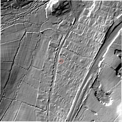 Shaded relief map of the ground around SO427RX, computed from Environment Agency LiDAR. The ground here sits at about 19 m above sea level and falls 21 m across the surrounding 800 m. Surface water reaching this point runs off ground lying to the south-east, 5.7 m higher.