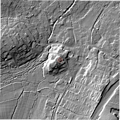 Shaded relief map of the ground around SO427SJ, computed from Environment Agency LiDAR. The ground here sits at about 20 m above sea level and falls 16 m across the surrounding 800 m. Surface water reaching this point runs off ground lying to the west-north-west, 2.1 m higher.