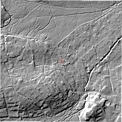 Shaded relief map of the ground around SO427SQ, computed from Environment Agency LiDAR. The ground here sits at about 15 m above sea level and falls 12 m across the surrounding 800 m. Surface water reaching this point runs off ground lying to the west-south-west, 8.2 m higher.
