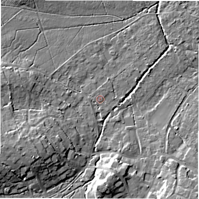 Shaded relief map of the ground around SO427SR, computed from Environment Agency LiDAR. The ground here sits at about 14 m above sea level and falls 12 m across the surrounding 800 m. Surface water reaching this point runs off ground lying to the south, 0.7 m higher.