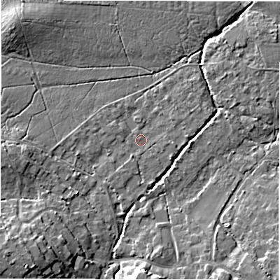 Shaded relief map of the ground around SO427SS, computed from Environment Agency LiDAR. The ground here sits at about 14 m above sea level and falls 12 m across the surrounding 800 m. The ground contributing surface water to this point lies to the south.