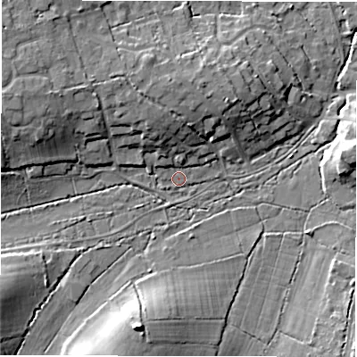 Shaded relief map of the ground around SO427TB, computed from Environment Agency LiDAR. The ground here sits at about 16 m above sea level and falls 14 m across the surrounding 800 m. Surface water reaching this point runs off ground lying to the north-north-west, 5.6 m higher.