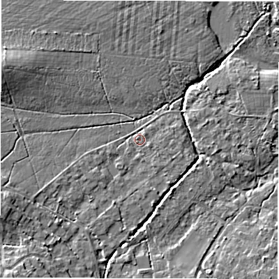 Shaded relief map of the ground around SO427TD, computed from Environment Agency LiDAR. The ground here sits at about 13 m above sea level and falls 10 m across the surrounding 800 m. Surface water reaching this point runs off ground lying to the south-west, 7.7 m higher.