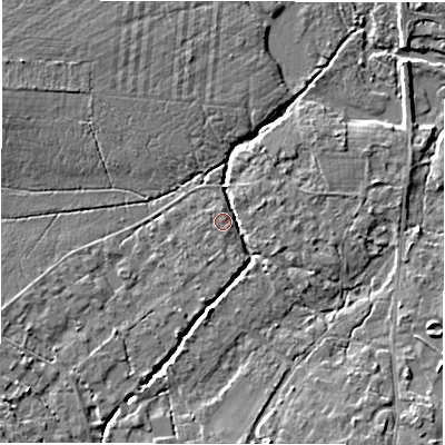 Shaded relief map of the ground around SO427TE, computed from Environment Agency LiDAR. The ground here sits at about 13 m above sea level and falls 7 m across the surrounding 800 m. Surface water reaching this point runs off ground lying to the south, 3.8 m higher.