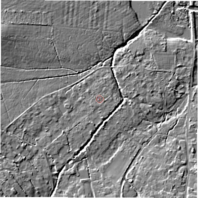 Shaded relief map of the ground around SO427TF, computed from Environment Agency LiDAR. The ground here sits at about 13 m above sea level and falls 11 m across the surrounding 800 m. The ground contributing surface water to this point lies to the south-south-west.