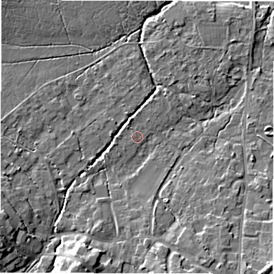 Shaded relief map of the ground around SO427TH, computed from Environment Agency LiDAR. The ground here sits at about 13 m above sea level and falls 10 m across the surrounding 800 m. Surface water reaching this point runs off ground lying to the west-south-west, 0.8 m higher.
