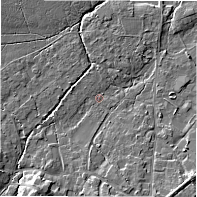 Shaded relief map of the ground around SO427TJ, computed from Environment Agency LiDAR. The ground here sits at about 13 m above sea level and falls 11 m across the surrounding 800 m. Surface water reaching this point runs off ground lying to the south-south-west, 6.9 m higher.
