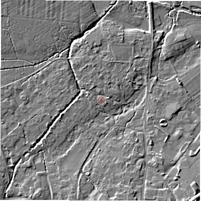 Shaded relief map of the ground around SO427TL, computed from Environment Agency LiDAR. The ground here sits at about 13 m above sea level and falls 9 m across the surrounding 800 m. Surface water reaching this point runs off ground lying to the north-north-west, 1.0 m higher.