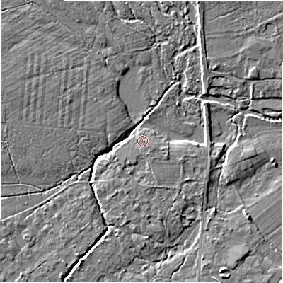 Shaded relief map of the ground around SO427TP, computed from Environment Agency LiDAR. The ground here sits at about 12 m above sea level and falls 6 m across the surrounding 800 m. Surface water reaching this point runs off ground lying to the south-south-west, 1.5 m higher.