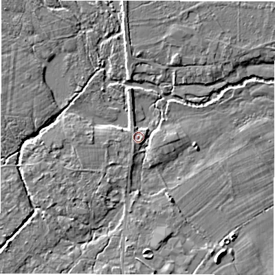 Shaded relief map of the ground around SO427TR, computed from Environment Agency LiDAR. The ground here sits at about 11 m above sea level and falls 6 m across the surrounding 800 m. Surface water reaching this point runs off ground lying to the south-west, 1.8 m higher.