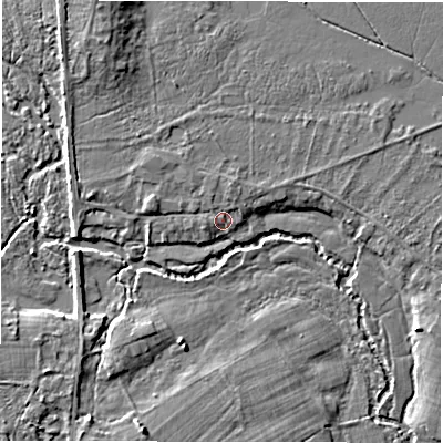 Shaded relief map of the ground around SO427TS, computed from Environment Agency LiDAR. The ground here sits at about 11 m above sea level and falls 6 m across the surrounding 800 m. Surface water reaching this point runs off ground lying to the north-north-east, 1.5 m higher.