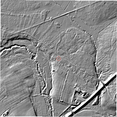 Shaded relief map of the ground around SO427TT, computed from Environment Agency LiDAR. The ground here sits at about 11 m above sea level and falls 8 m across the surrounding 800 m. The ground contributing surface water to this point lies to the north-north-west.
