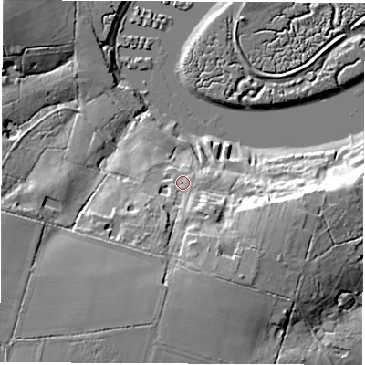 Shaded relief map of the ground around SO427XB, computed from Environment Agency LiDAR. The ground here sits at about 8 m above sea level and falls 25 m across the surrounding 800 m. Surface water reaching this point runs off ground lying to the south-south-west, 15.6 m higher.