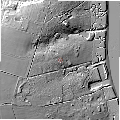Shaded relief map of the ground around SO427XD, computed from Environment Agency LiDAR. The ground here sits at about 13 m above sea level and falls 24 m across the surrounding 800 m. Surface water reaching this point runs off ground lying to the west-south-west, 7.8 m higher.