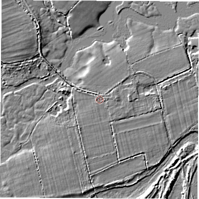 Shaded relief map of the ground around SO427XH, computed from Environment Agency LiDAR. The ground here sits at about 2 m above sea level and falls 3 m across the surrounding 800 m. The ground contributing surface water to this point lies to the east.