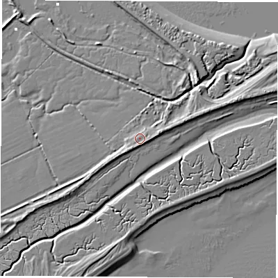 Shaded relief map of the ground around SO427XJ, computed from Environment Agency LiDAR. The ground here sits at about 2 m above sea level and falls 6 m across the surrounding 800 m. Surface water reaching this point runs off ground lying to the east-south-east, 1.5 m higher.