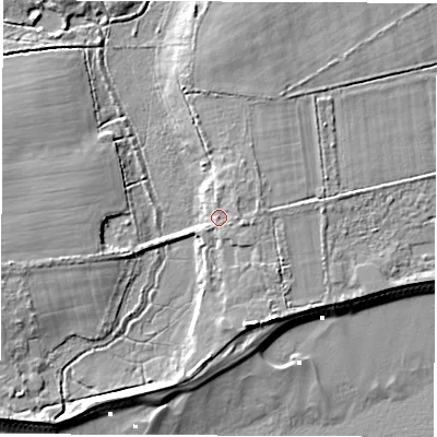 Shaded relief map of the ground around SO427XN, computed from Environment Agency LiDAR. The ground here sits at about 2 m above sea level and falls 8 m across the surrounding 800 m. Surface water reaching this point runs off ground lying to the east-south-east, 2.1 m higher.