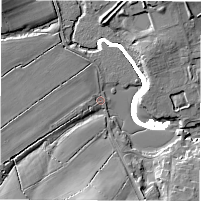 Shaded relief map of the ground around SO427YE, computed from Environment Agency LiDAR. The ground here sits at about 2 m above sea level and falls 19 m across the surrounding 800 m. Surface water reaching this point runs off ground lying to the west-south-west, 2.6 m higher.