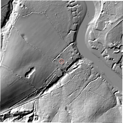 Shaded relief map of the ground around SO427YF, computed from Environment Agency LiDAR. The ground here sits at about 5 m above sea level and falls 30 m across the surrounding 800 m. Surface water reaching this point runs off ground lying to the west-south-west, 2.4 m higher.