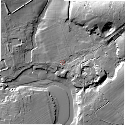 Shaded relief map of the ground around SO427YG, computed from Environment Agency LiDAR. The ground here sits at about 5 m above sea level and falls 35 m across the surrounding 800 m. Surface water reaching this point runs off ground lying to the north-east, 29.0 m higher.