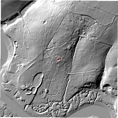 Shaded relief map of the ground around SO427YJ, computed from Environment Agency LiDAR. The ground here sits at about 14 m above sea level and falls 34 m across the surrounding 800 m. Surface water reaching this point runs off ground lying to the north-north-east, 6.5 m higher.