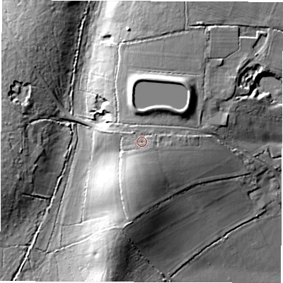 Shaded relief map of the ground around SO427YP, computed from Environment Agency LiDAR. The ground here sits at about 18 m above sea level and falls 17 m across the surrounding 800 m. Surface water reaching this point runs off ground lying to the south-south-east, 1.4 m higher.